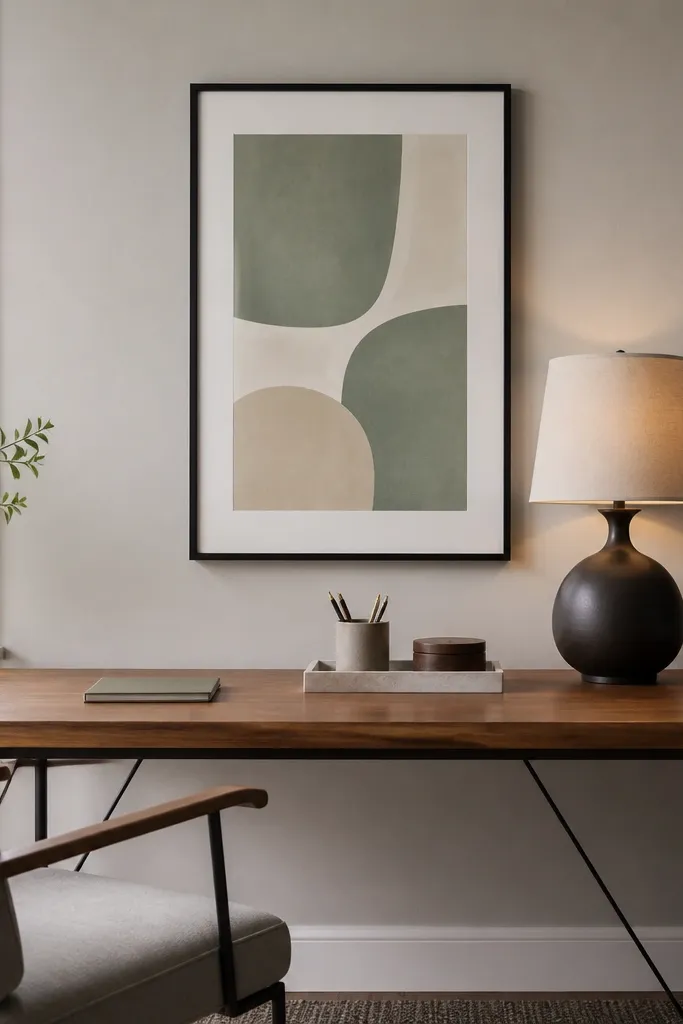Two framed prints above a desk held by removable wall strips