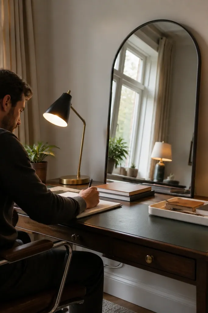 Small arched tabletop mirror leaning on a stand beside a study desk