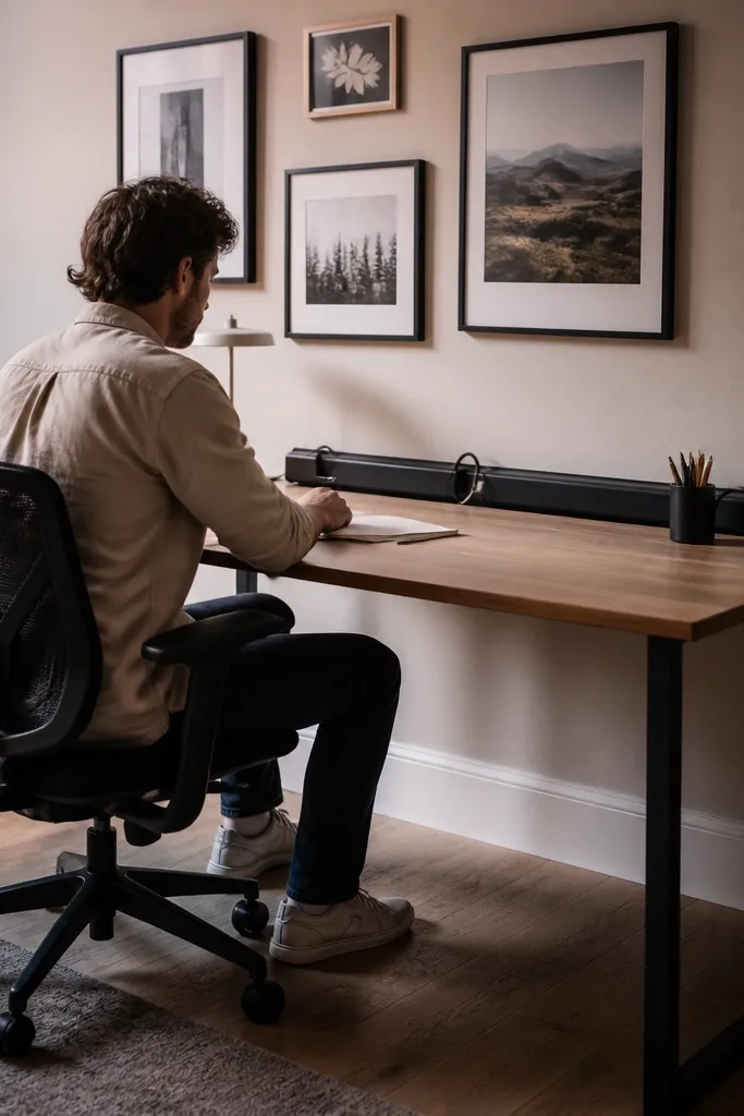 Black cable organizer rail under a study table with cords neatly routed