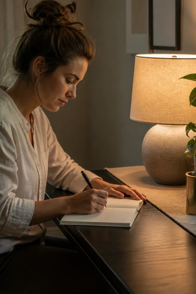 Warm-toned table lamp with fabric shade on a study desk beside books