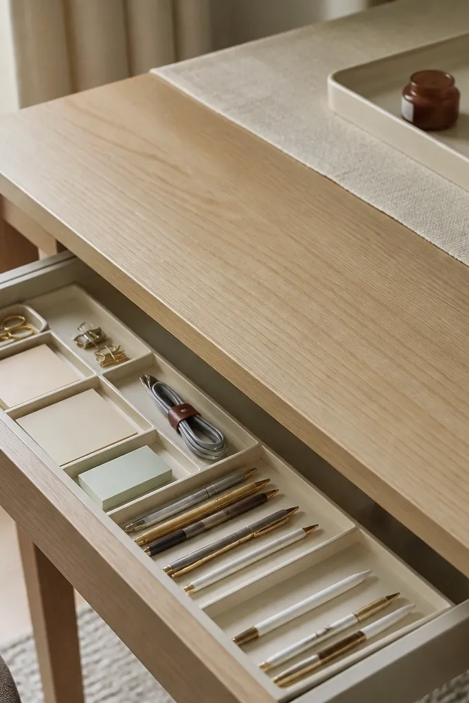Open desk drawer with labeled organizers for pens, paper, and small supplies