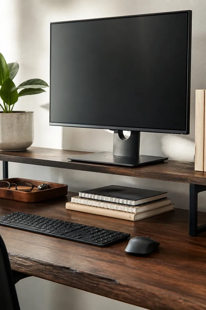 Desk-top riser with a shelf platform holding decor and books