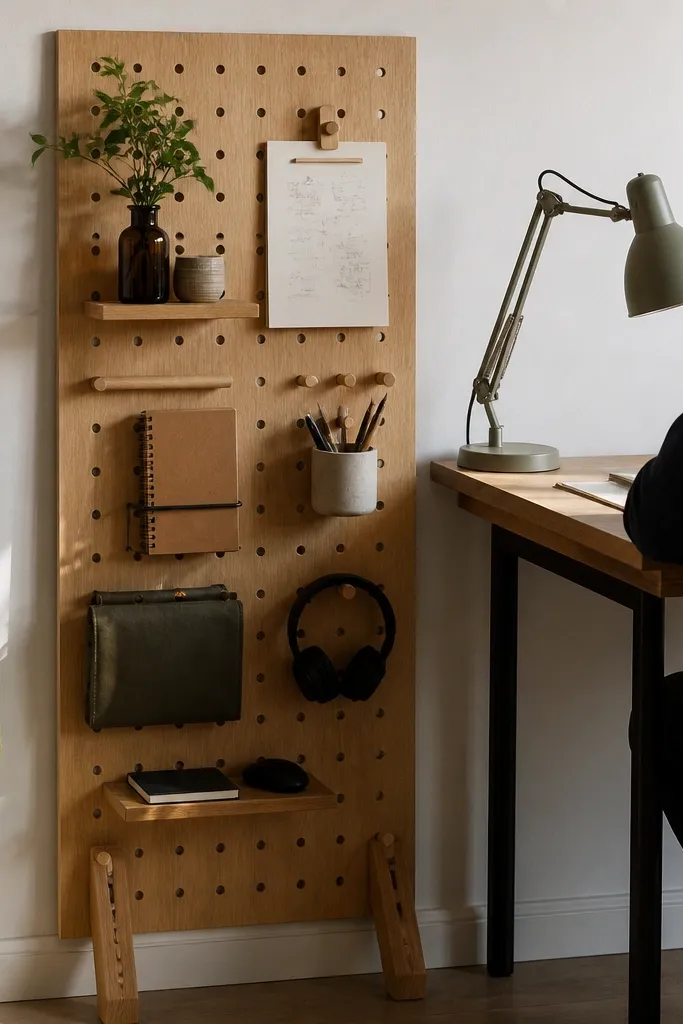 Freestanding peg-style organizer beside a study desk holding tools and notes