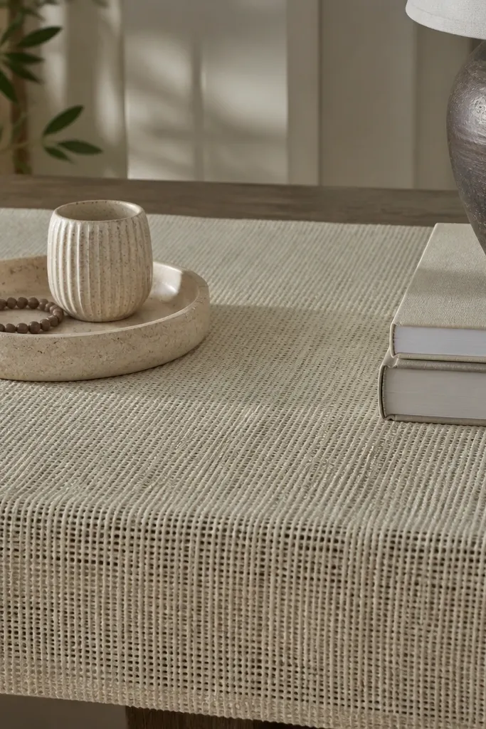 Beige textured desk runner with a small tray, book stack, and lamp base