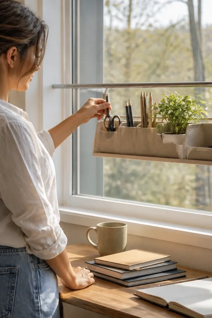 Suction or clamp-free window-side organizer with stationery and a small plant