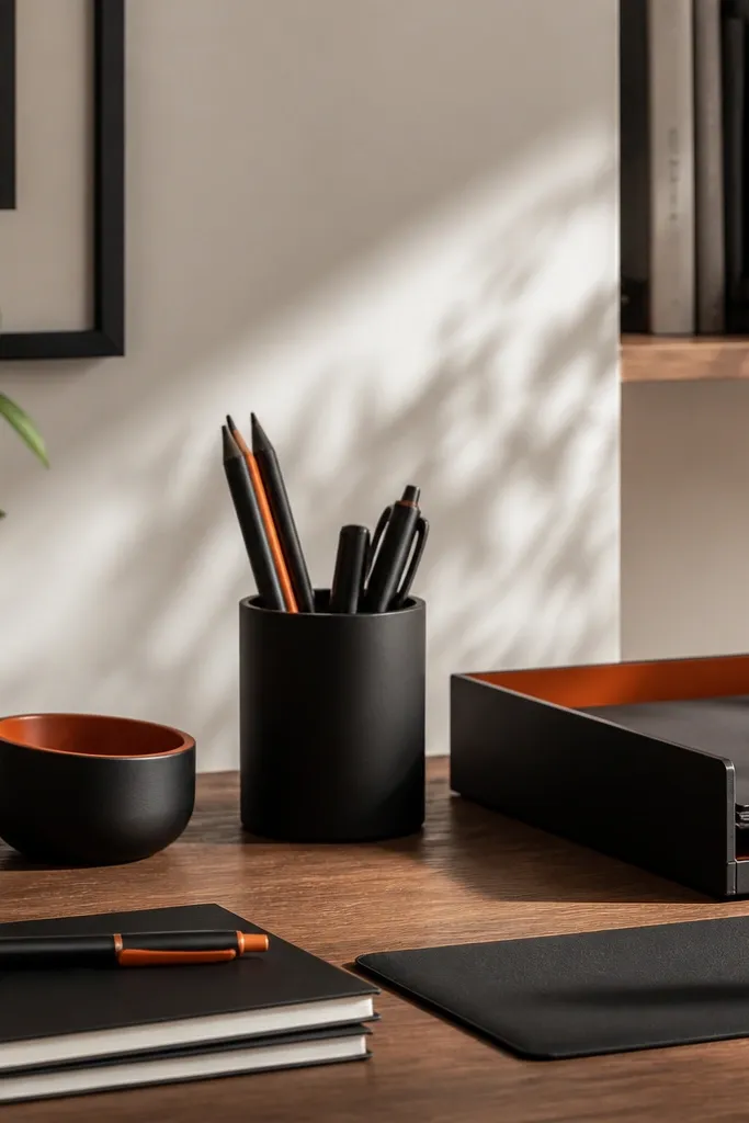 Black desk accessories with a single accent color like terracotta on a study table