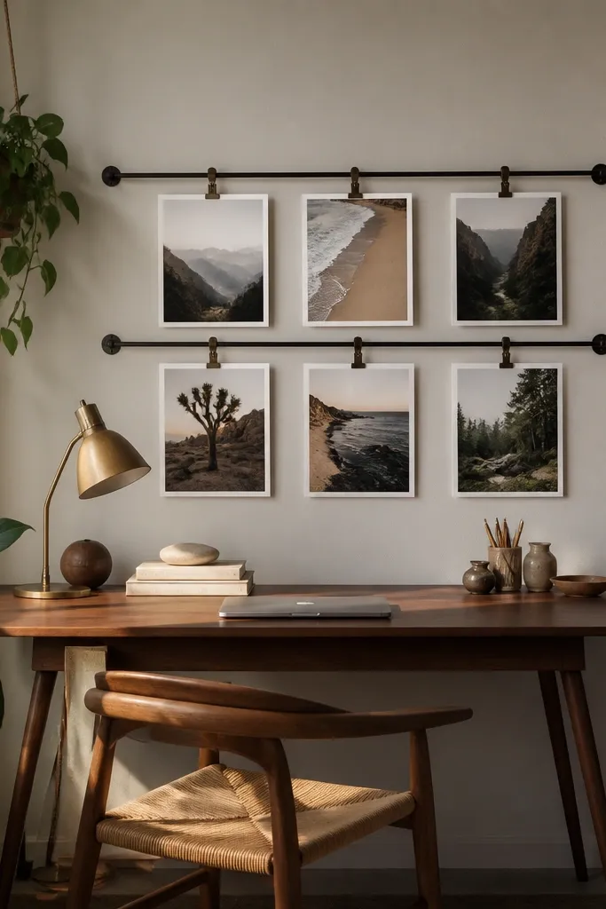 Mini gallery above desk with removable clips on a tension rod