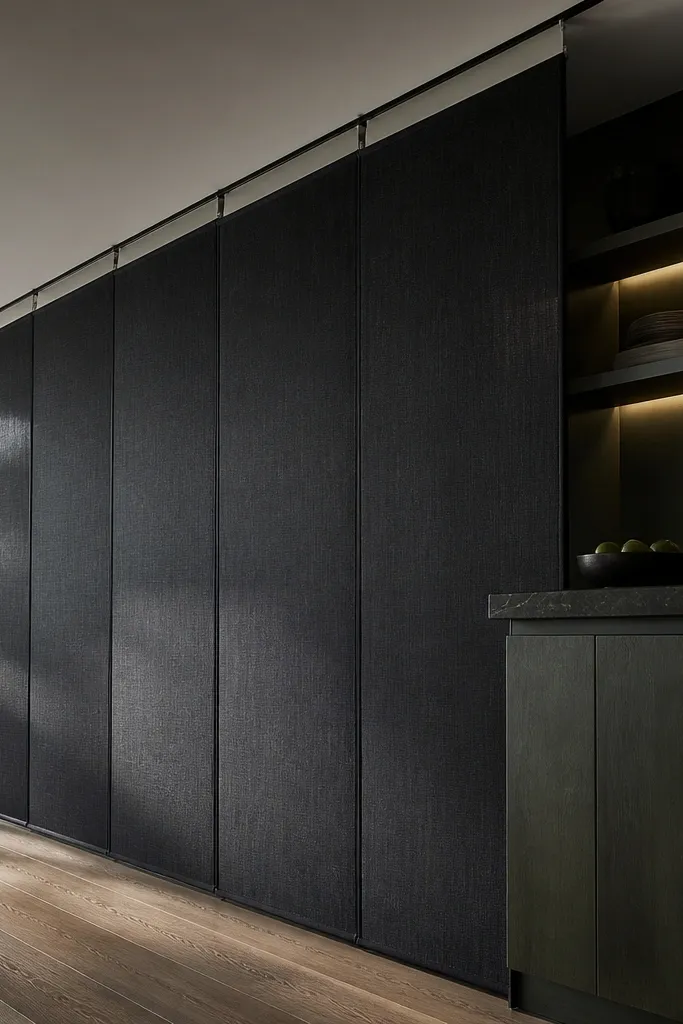 Floor-length charcoal curtains on a ceiling track dividing a studio corner