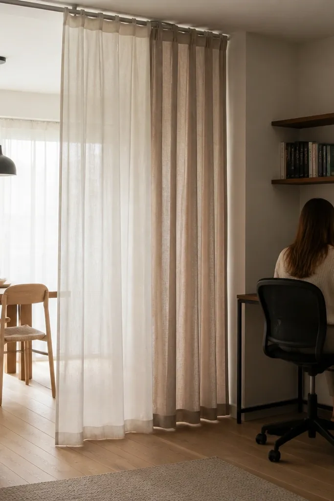 White sheer and sand opaque curtains layered to divide a living area