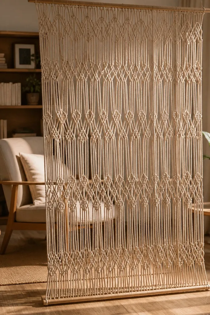 Beige macramé curtain hanging floor-to-ceiling between two spaces