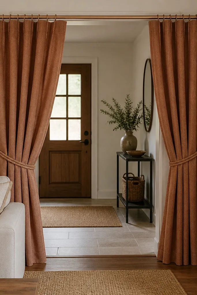 Rust grommet curtains tied back with thick rope creating a clear divider