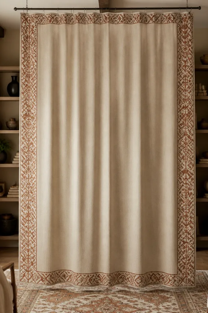 Curtains with a patterned border and solid panels dividing a hallway nook