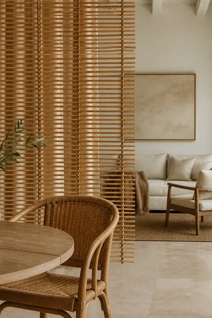 Light bamboo shade with a hanging fabric layer creating a room divider