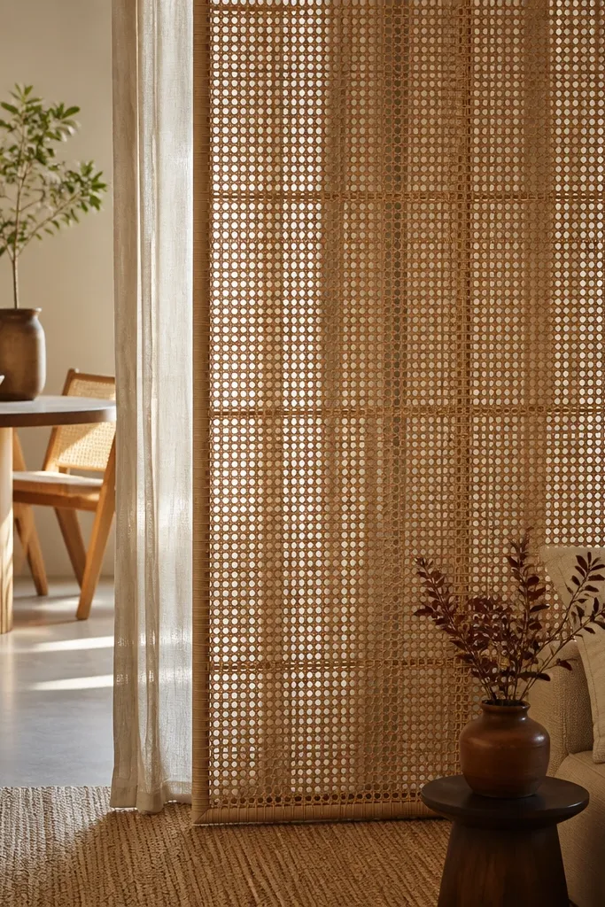 Light rattan panel curtain with a pale fabric layer behind it