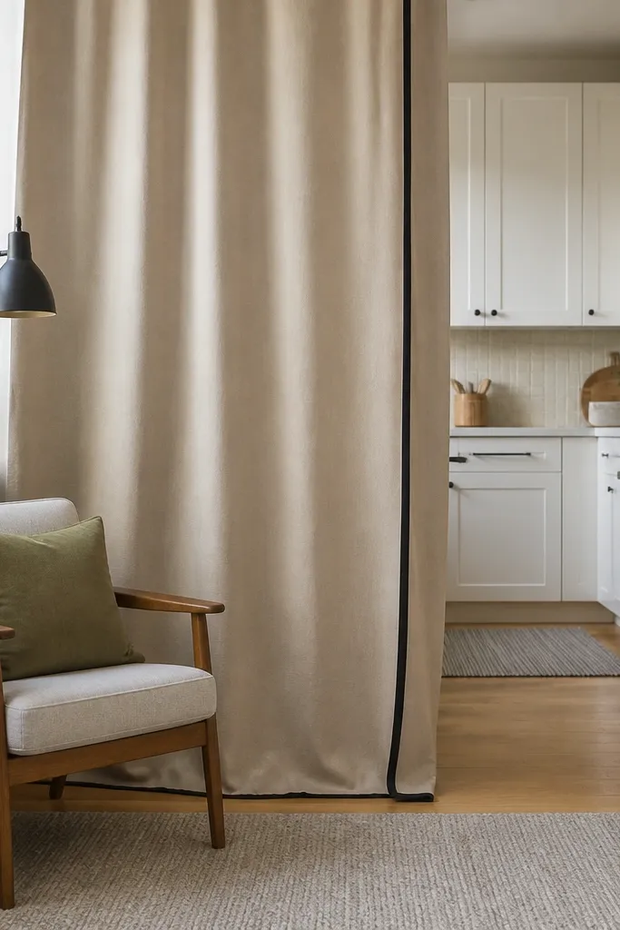 Two-tone color block curtain divider with contrasting trim and full height