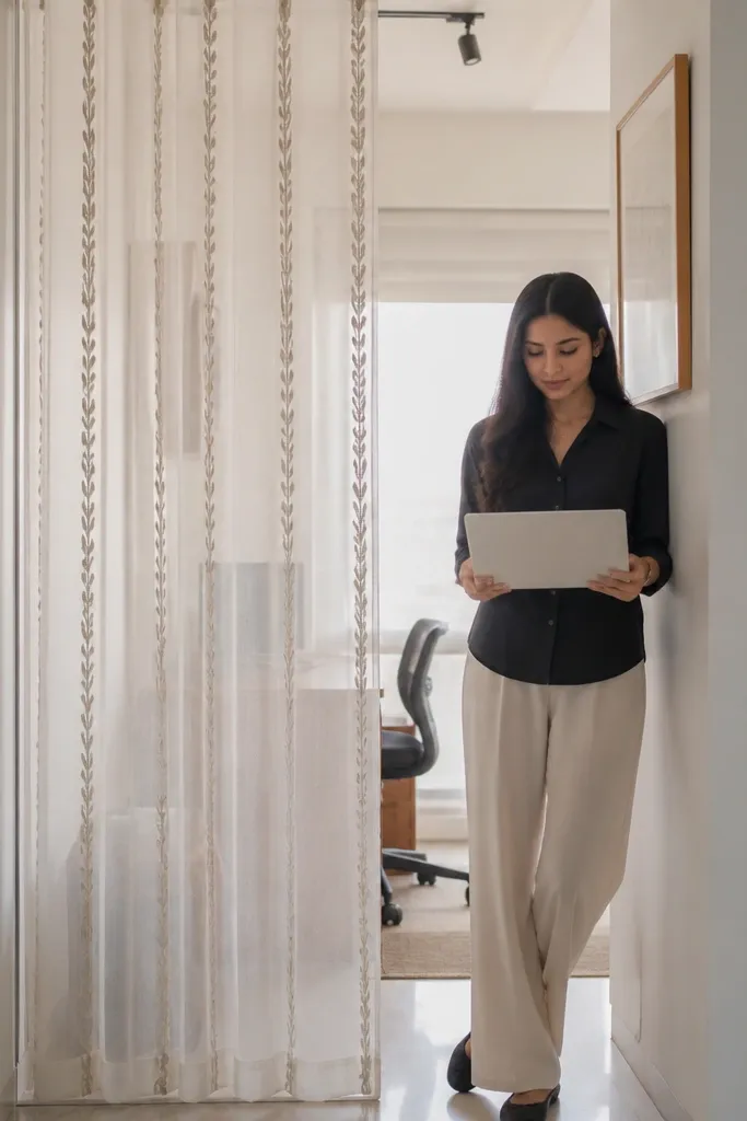 White sheer curtain with vertical embroidered lines dividing a narrow space
