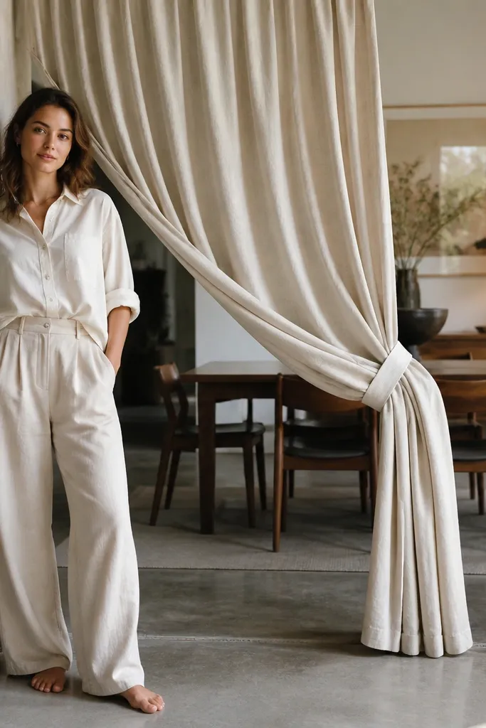 Cream wrap curtain tied at the side creating a movable divider