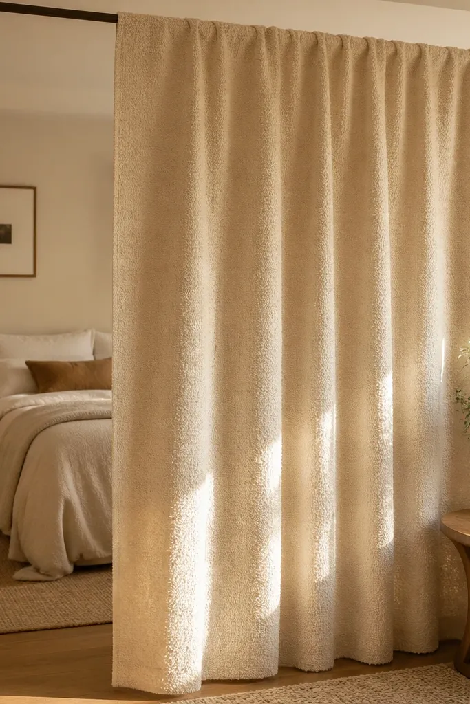 Oat boucle curtain panels dividing a living area with soft texture