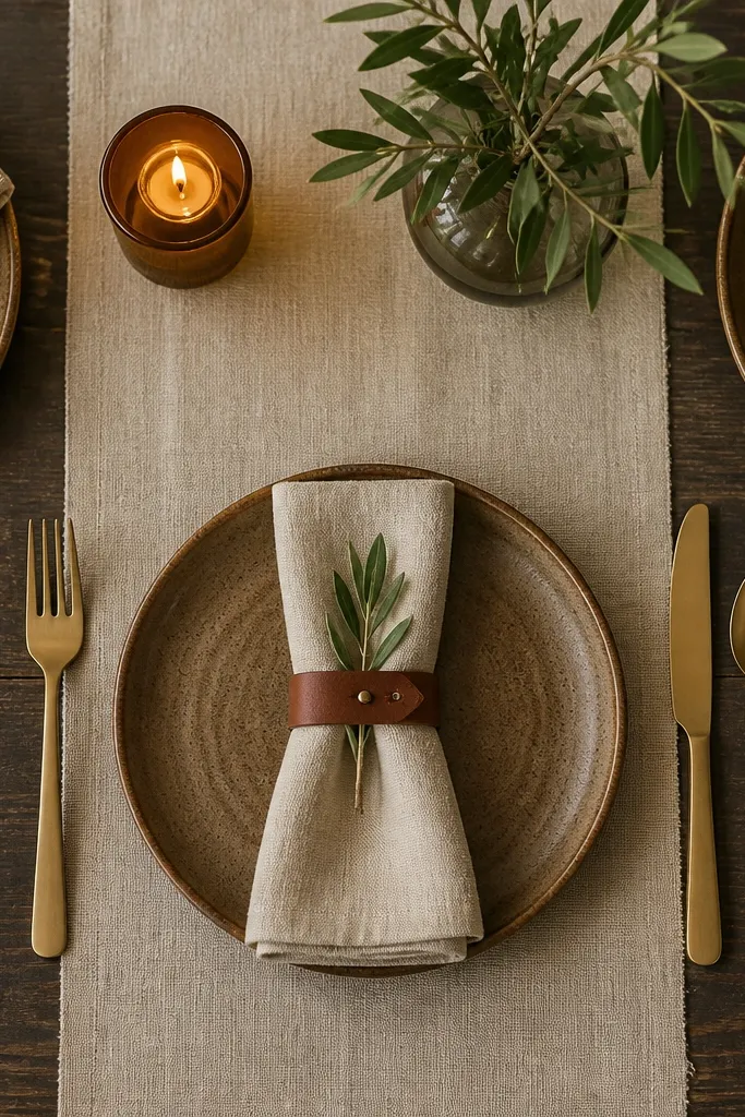 Cream linen runner with cognac leather napkin wraps and brown stoneware plates