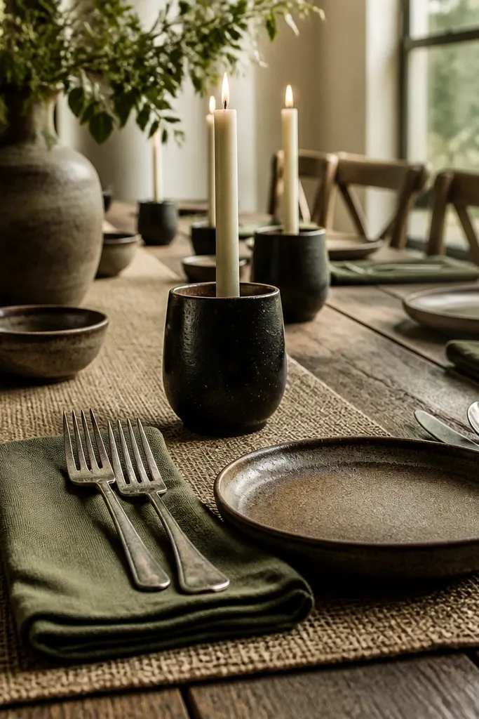 Burlap table runner with olive cloth napkins and black candle cups