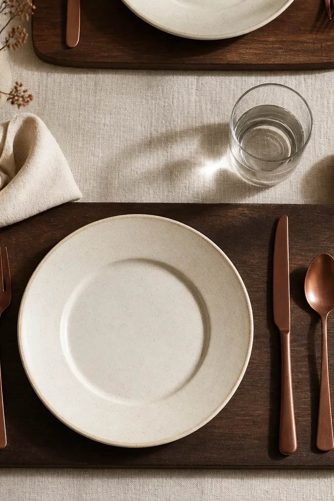 Walnut wood placemats with cream plates and rust napkin accents
