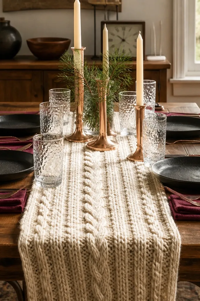 Cream knit runner with black stoneware plates and cranberry red napkins