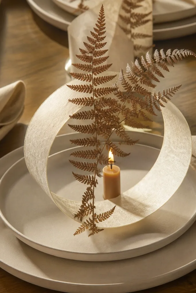 Beige napkins with dried fern sprigs and natural paper lantern rings