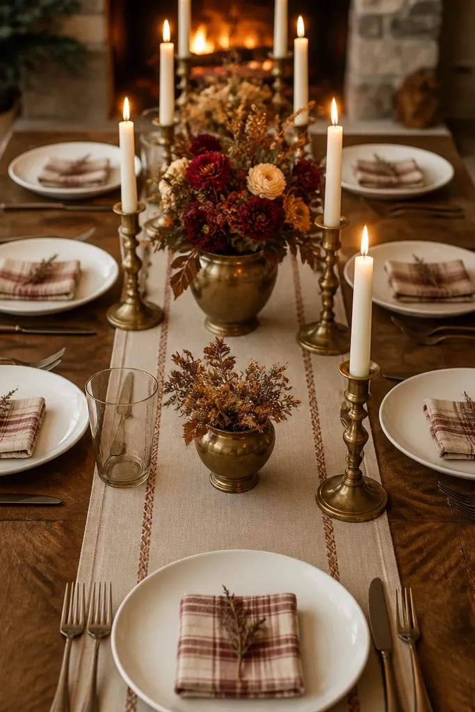 Tan table runner with twine edges, plaid napkins, and antique brass candles