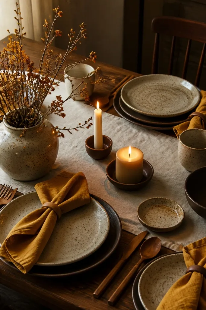 Speckled stoneware plates with mustard napkins and warm wooden accents