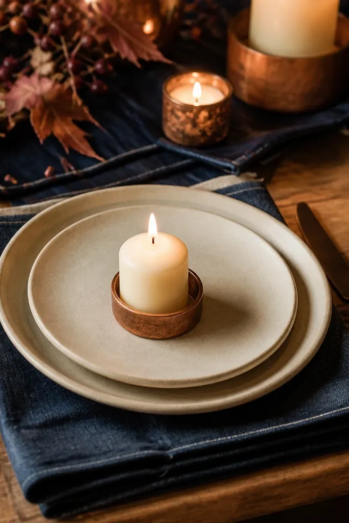 Dark denim napkins with oatmeal plates and copper ring candle holders