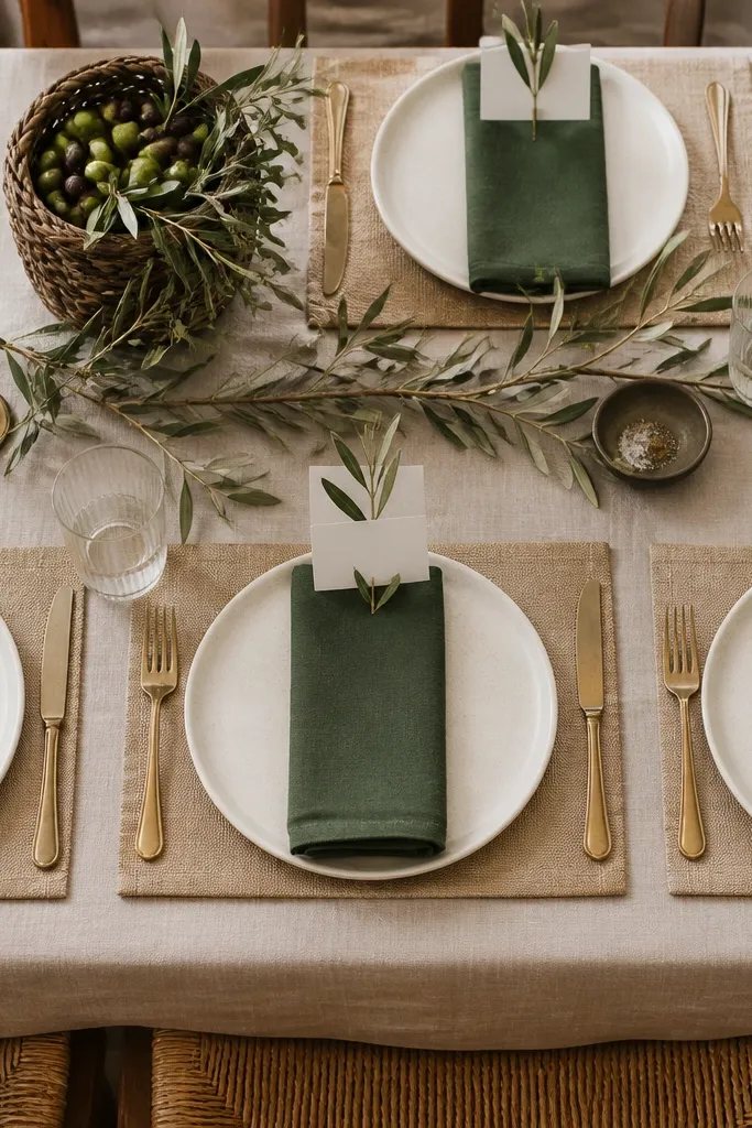 Tan linens with green napkins and olive-branch place cards