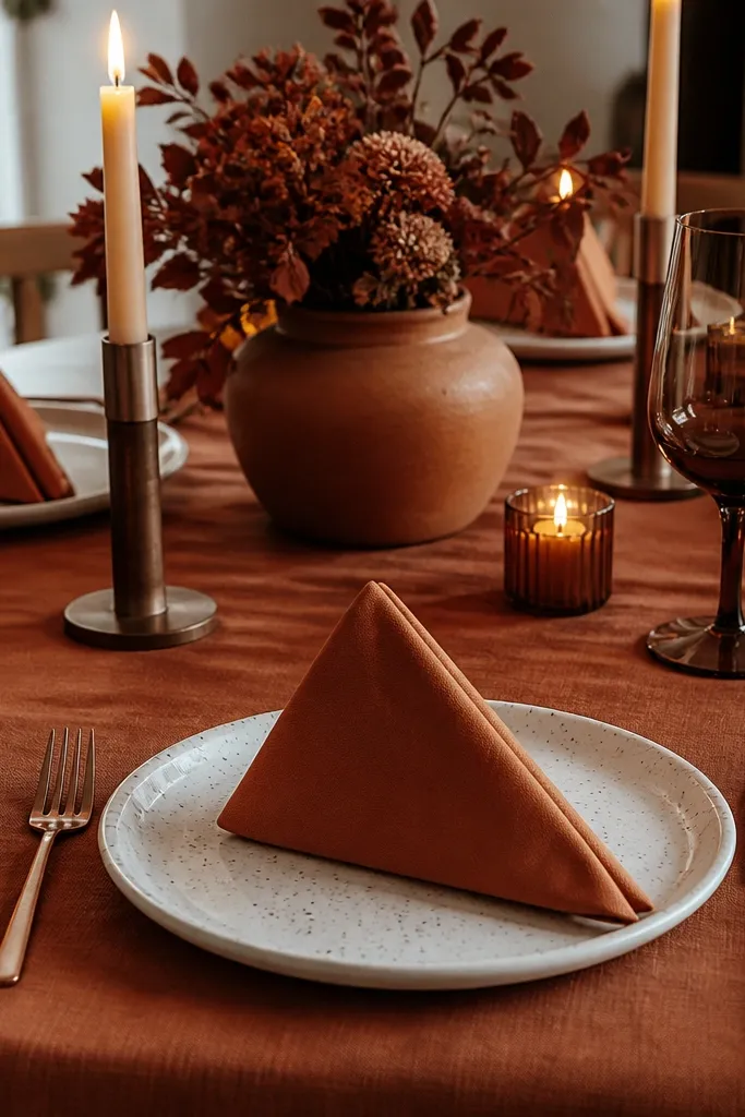 Rust runner with burnt sienna napkins and white mottled plates