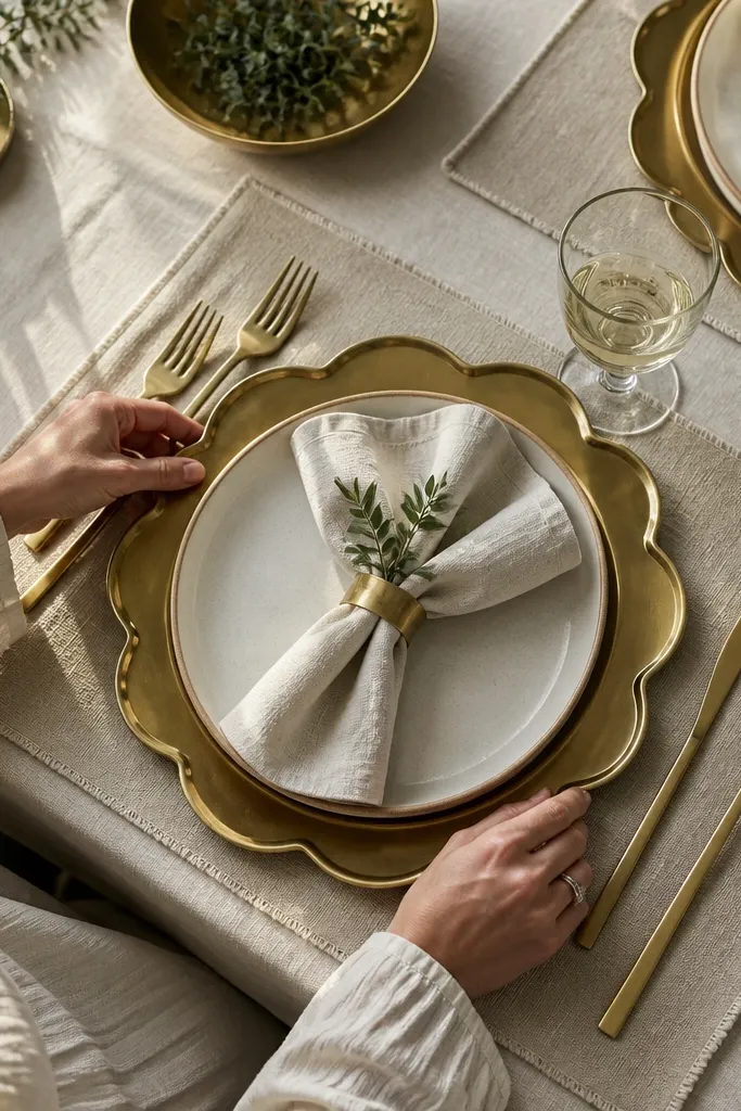 Neutral napkins with linen placemats and brass scalloped coasters
