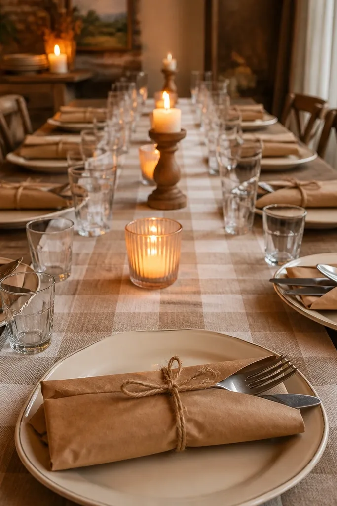 Checker linen runner with brown paper wrapped cutlery bundles and cream plates