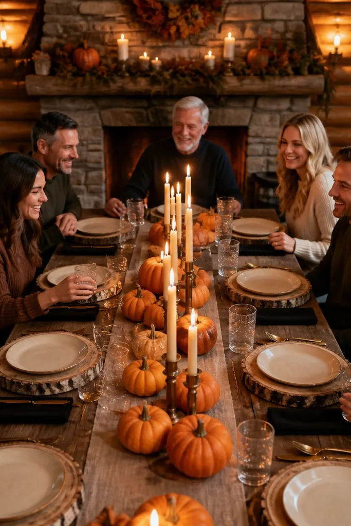 Birch log chargers with black napkins and mini pumpkin clusters on a rustic table