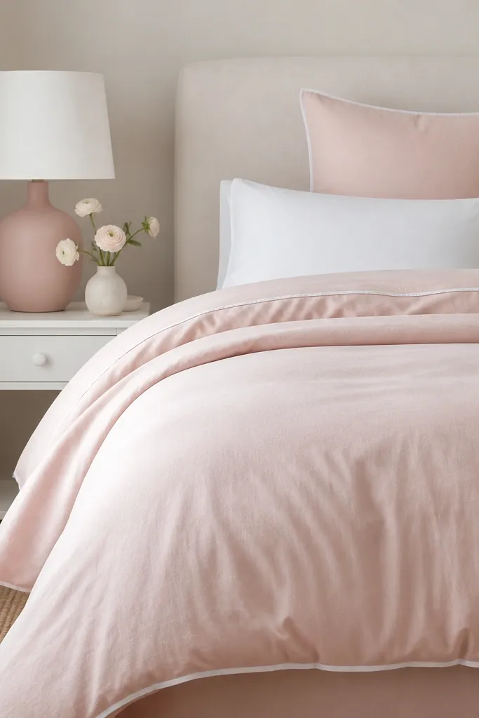 A bed dressed in a pale blush duvet with a clean white edge seam, topped with two white pillows and one blush Euro pillow. A simple white nightstand holds a matte white lamp with a blush ceramic base.