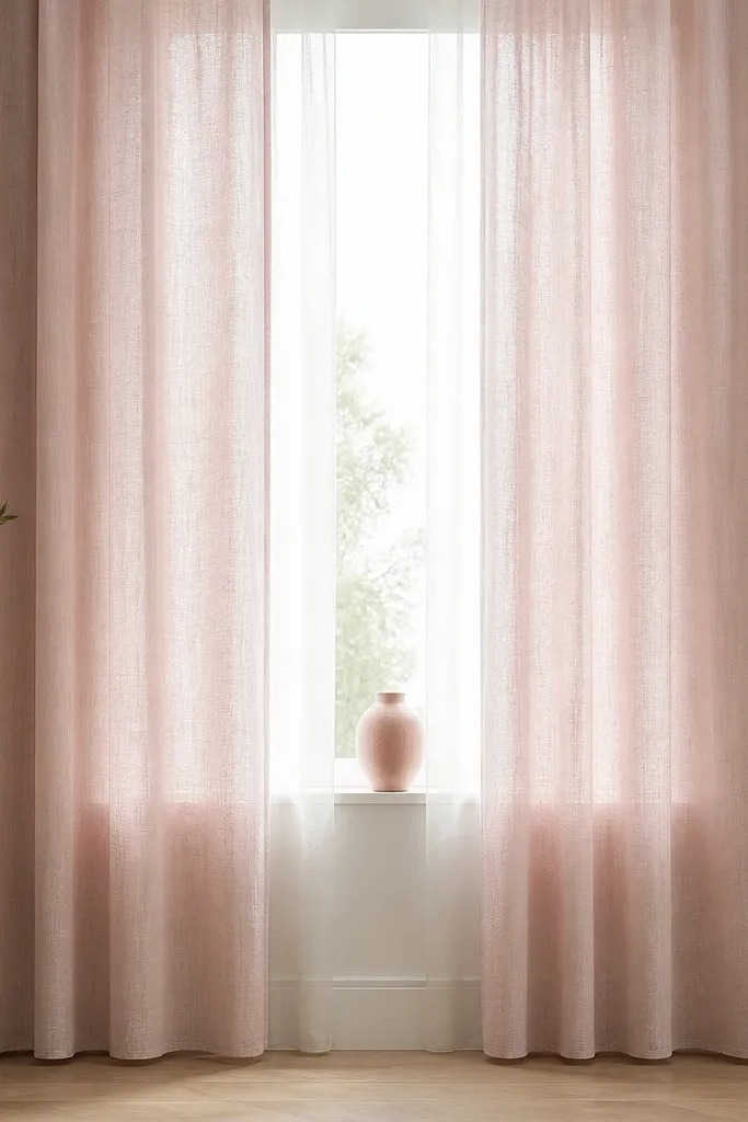 A window with pale pink linen curtain panels hanging straight, the hem sits about one inch from the floor line. Behind them, sheer white curtains are visible, and a small blush ceramic vase sits on the sill.