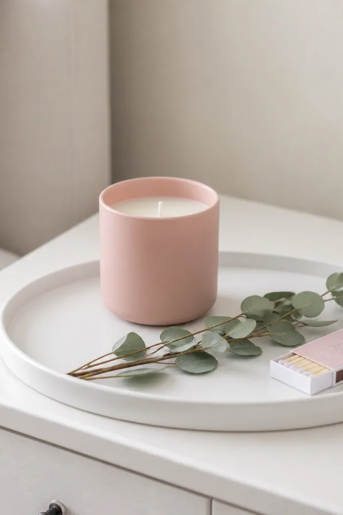 A clean matte white tray on a nightstand holds a single blush-pink candle, a slim eucalyptus stem bundle, and a small white matchbox with a pink label. Nothing else sits on the surface.