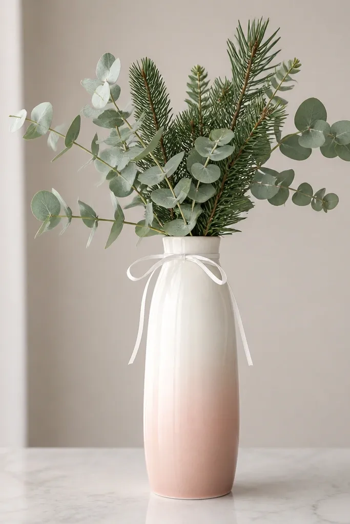 A tall ceramic vase with a subtle ombre glaze from white at the top to blush pink at the base. Inside is a minimal arrangement of eucalyptus and small pine tips, plus a thin white ribbon looped around the neck.