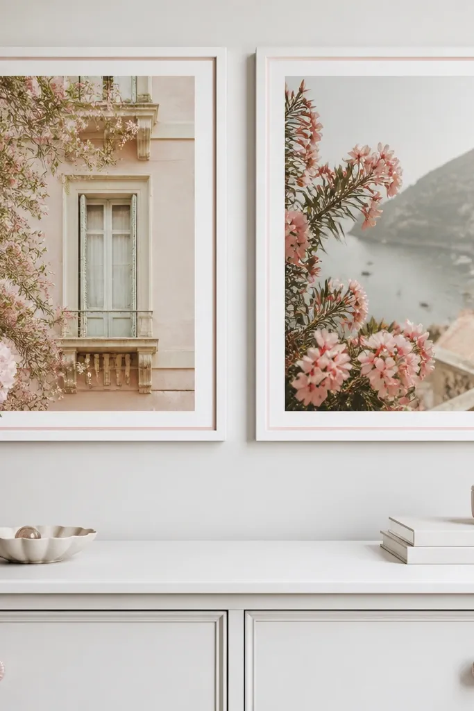 Two framed prints with white borders and a thin blush-pink edge line. They hang side-by-side above a white dresser, with a small blush ceramic knob detail on the dresser visible.