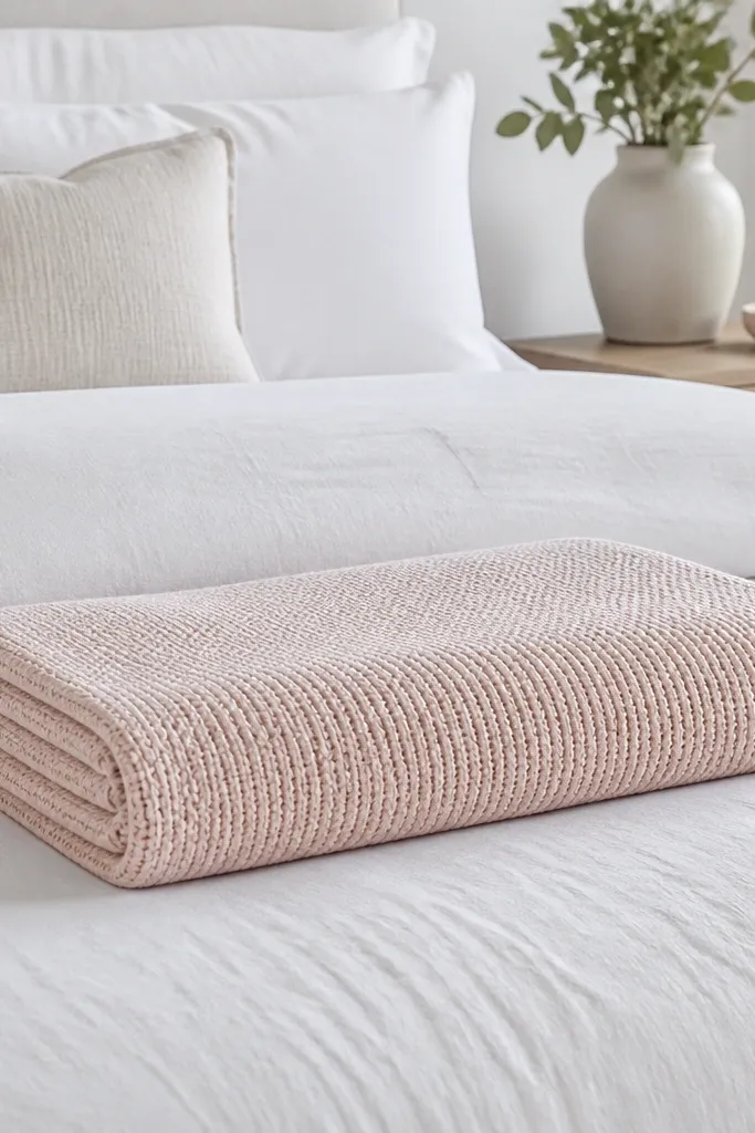 A pale blush knit throw folded into a neat rectangle at the foot of a white bed. The fold lines are sharp and the knit texture is visible. No other blankets are layered on top.