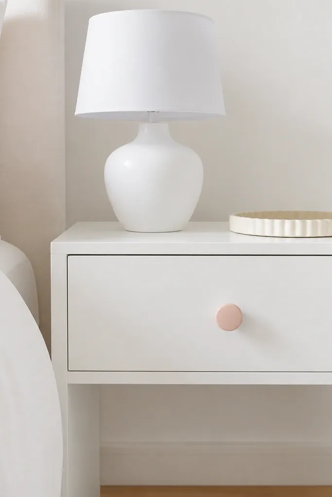 A white nightstand with clean lines. One drawer has a blush-pink round knob. On top sits only a white lamp and a small tray.