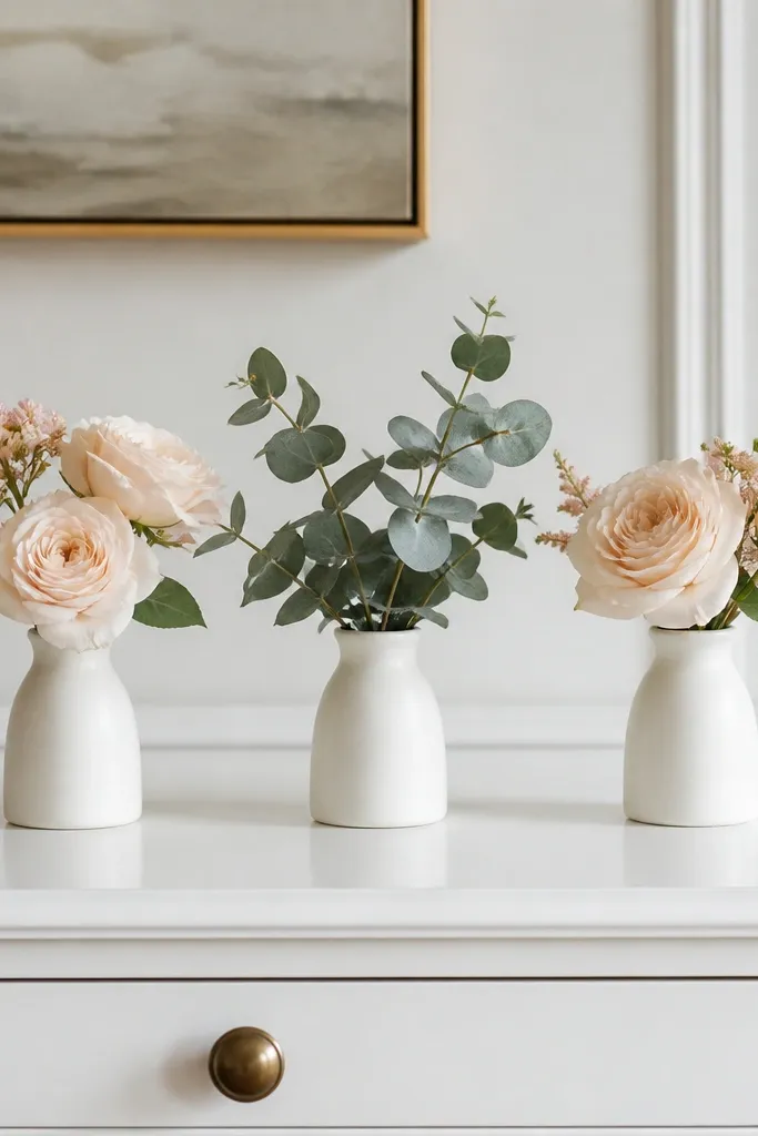 Three small white bud vases on a white dresser. Two contain blush flowers and one has eucalyptus. The vases are spaced evenly, with matching heights.