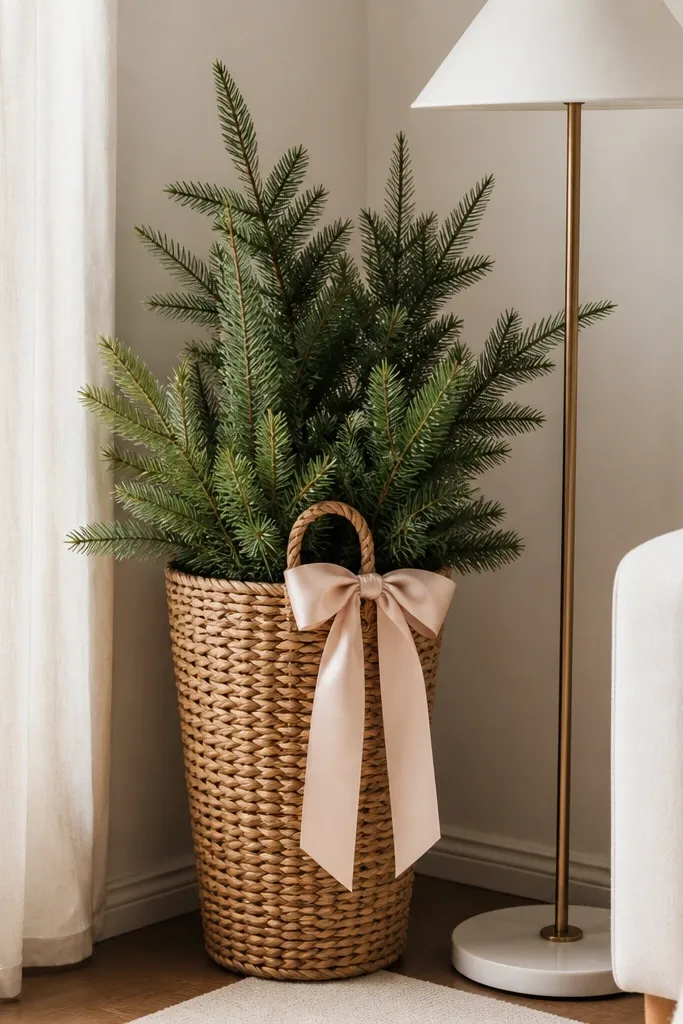 A tall woven basket in the corner holding faux or real evergreen stems. A blush satin ribbon bow is tied around the basket handle. Nearby is a white floor lamp.