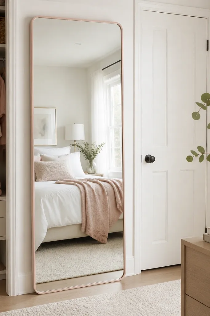 A full-height mirror with a thin blush-pink frame sits by the closet door. The mirror reflects a bed with white bedding and a blush throw, keeping the room bright.