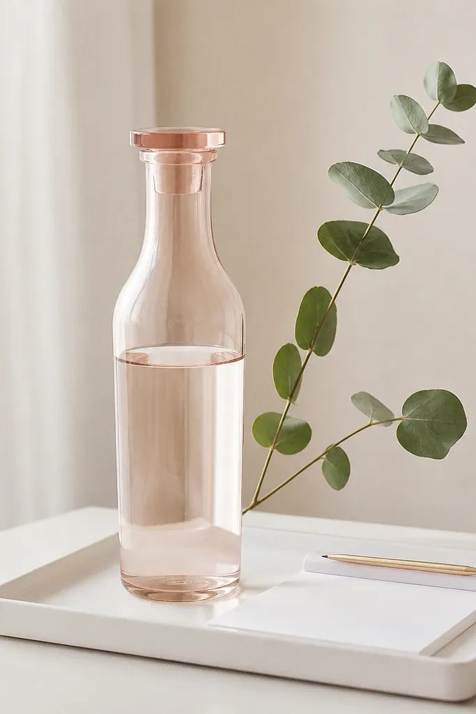 A clear glass water bottle with a faint blush tint sits on a white desk tray. A slim eucalyptus sprig leans beside it, and a white notepad is tucked under a small pen rest.