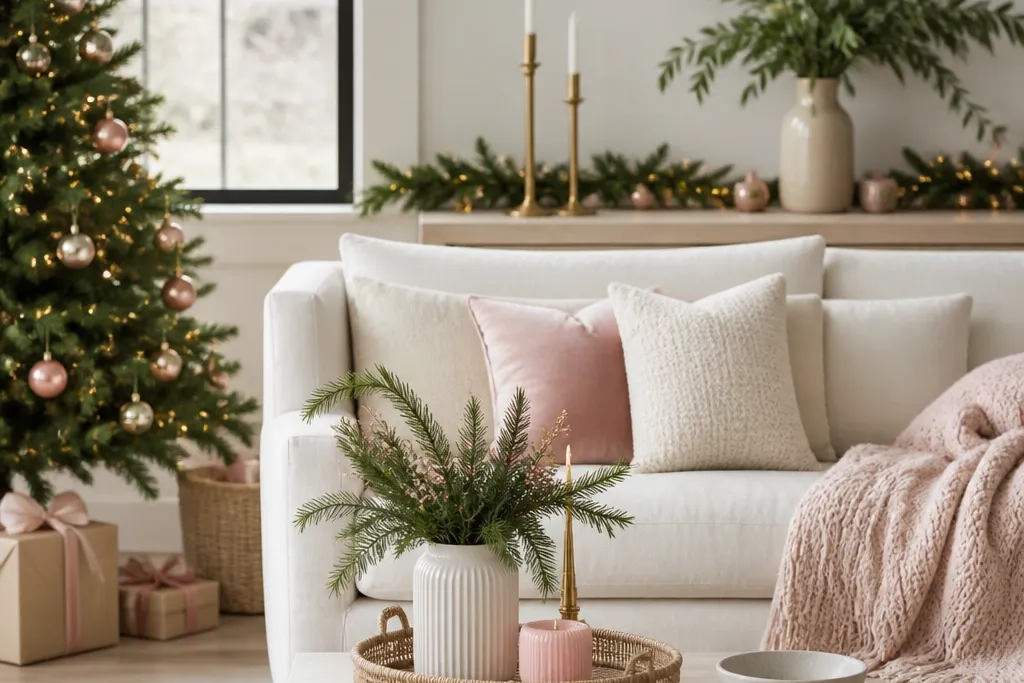 Seasonal evergreen clean room aesthetic with pink touches