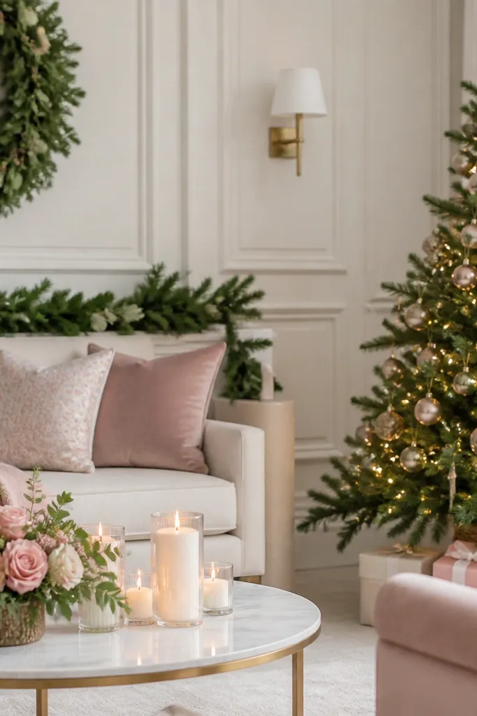 Seasonal evergreen clean room aesthetic with pink touches