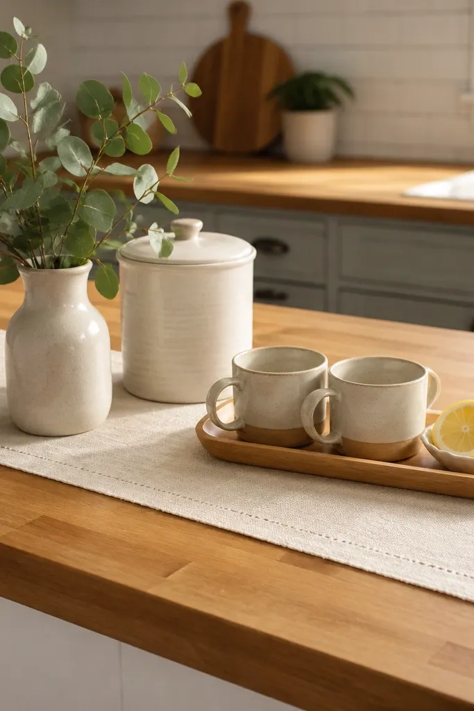 A kitchen countertop with warm honey-toned butcher block. A light cream runner sits lengthwise. On the counter are a small ceramic vase with pale green eucalyptus, a cream canister, and a tray holding two mugs and a dish of sliced lemons.