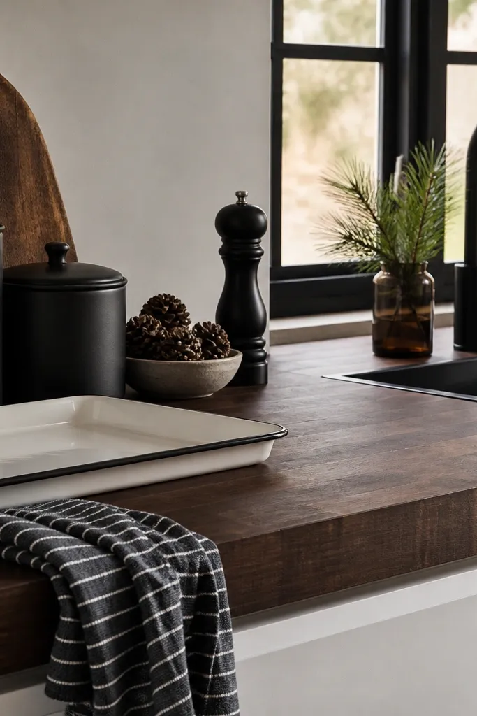 A darker walnut-brown butcher block counter. Matte black canisters sit beside a white enamel tray. A folded black-and-white striped towel hangs over the edge. A small bowl of pinecones and a black pepper grinder sit near the sink.